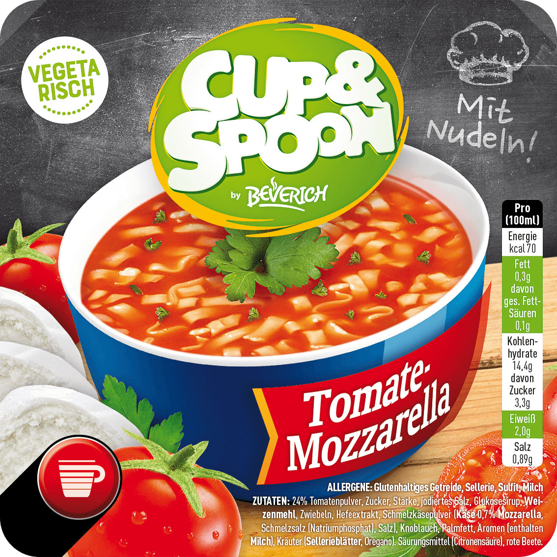 Das ist eine Schüssel, gefüllt mit der vegetarischen InCup Suppe Tomate-Mozzarella unserer Marke, Cup & Spoon.