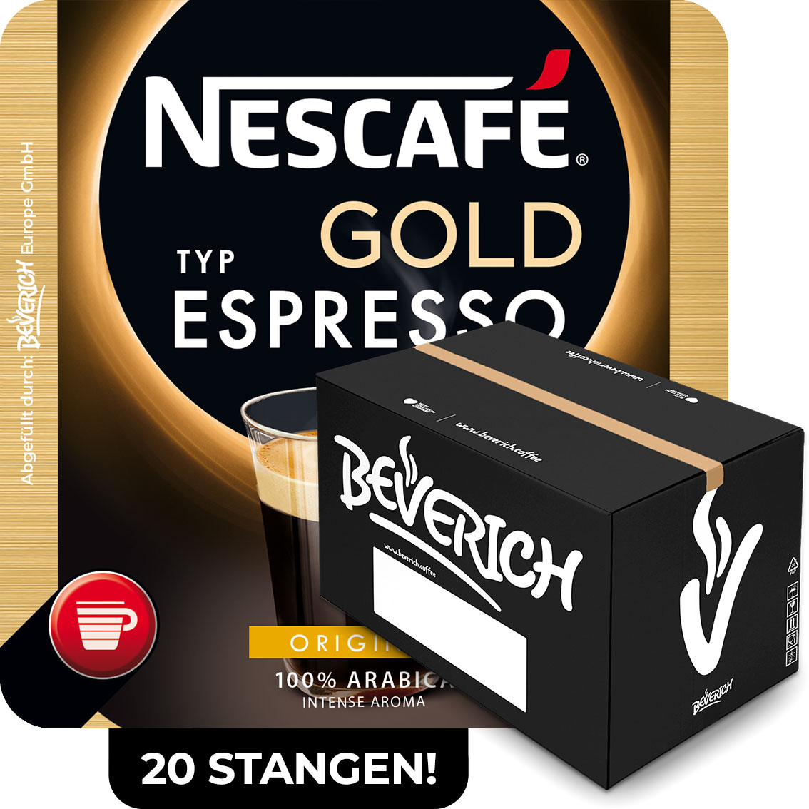 Das ist ein Karton, gefüllt mit InCup Bechern des Kaffees Nescafé Gold Typ Espresso mit Zucker.