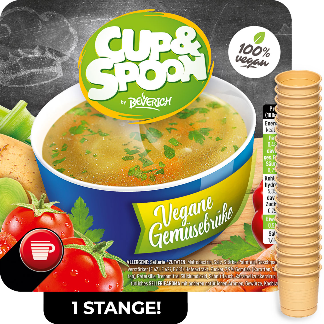 Das ist eine Stange, bestehend aus den InCup Bechern der Suppe Vegane Gemüsebrühe unserer Marke, Cup & Spoon.