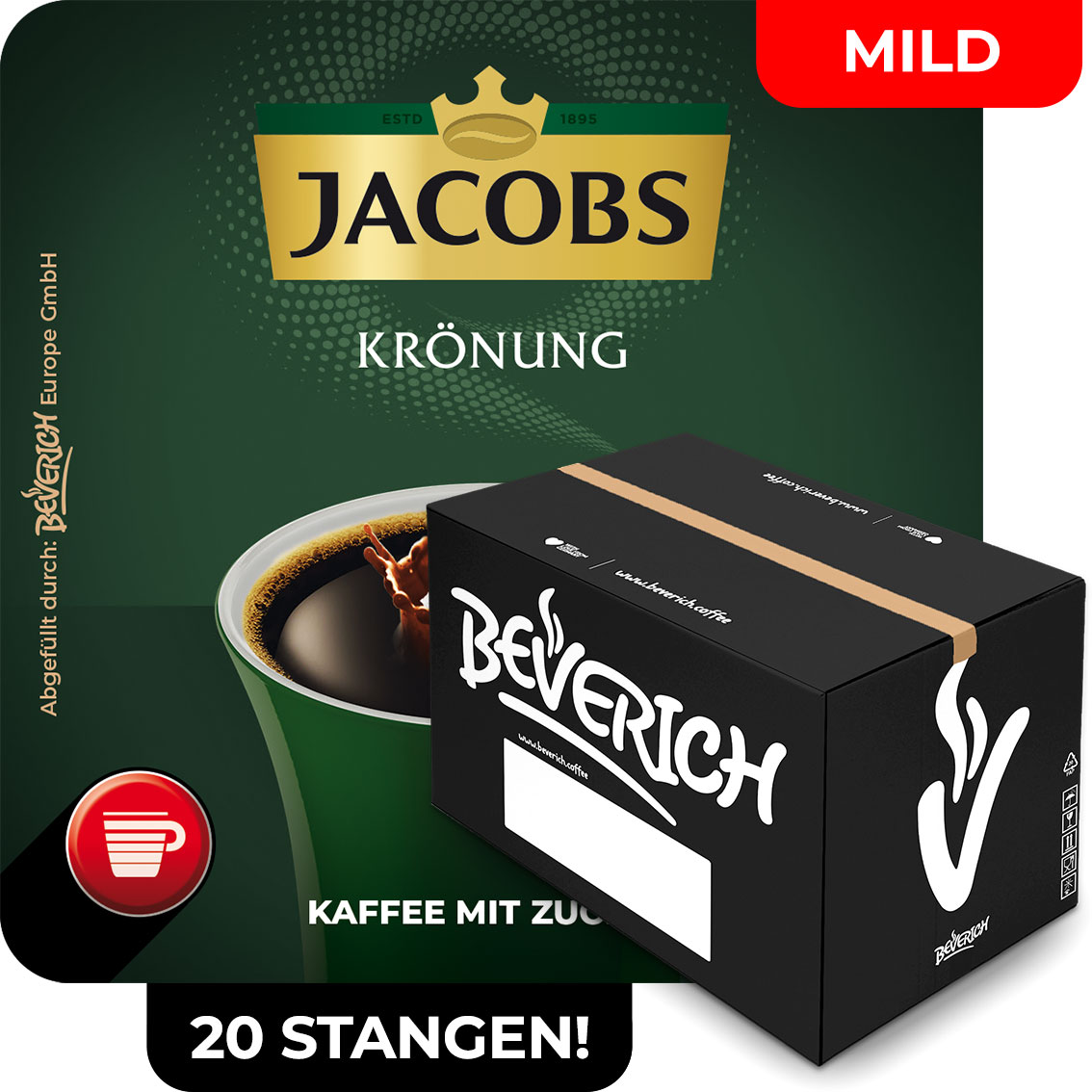 Das ist ein Karton, gefüllt mit InCup Bechern des milden Kaffees Jacobs Krönung mit Zucker.