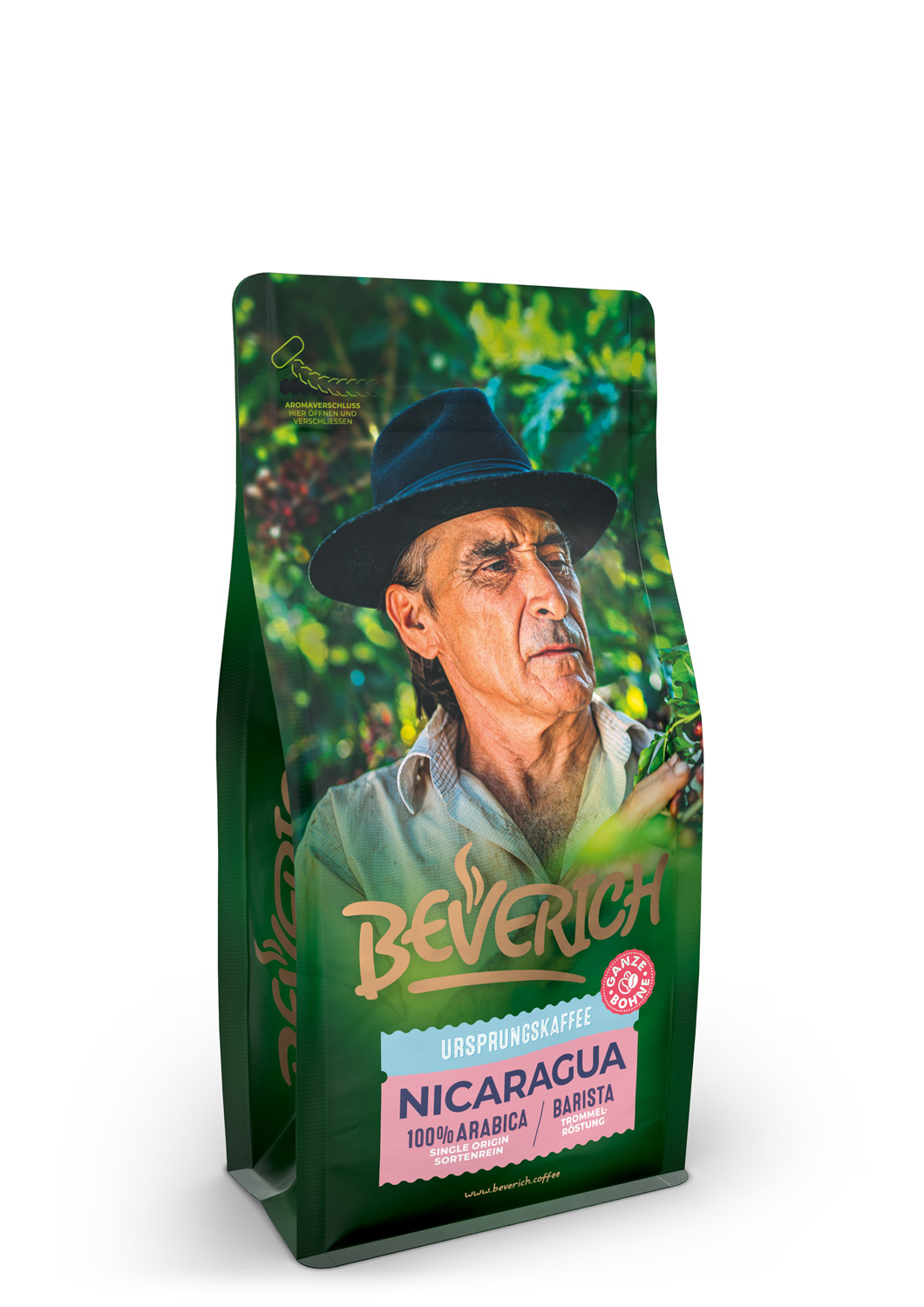 Das ist die Seitenansicht einer 250 Gramm Tüte des Ursprungskaffees Nicaragua von Beverich, auf der das Logo der Firma Beverich erkennbar ist.