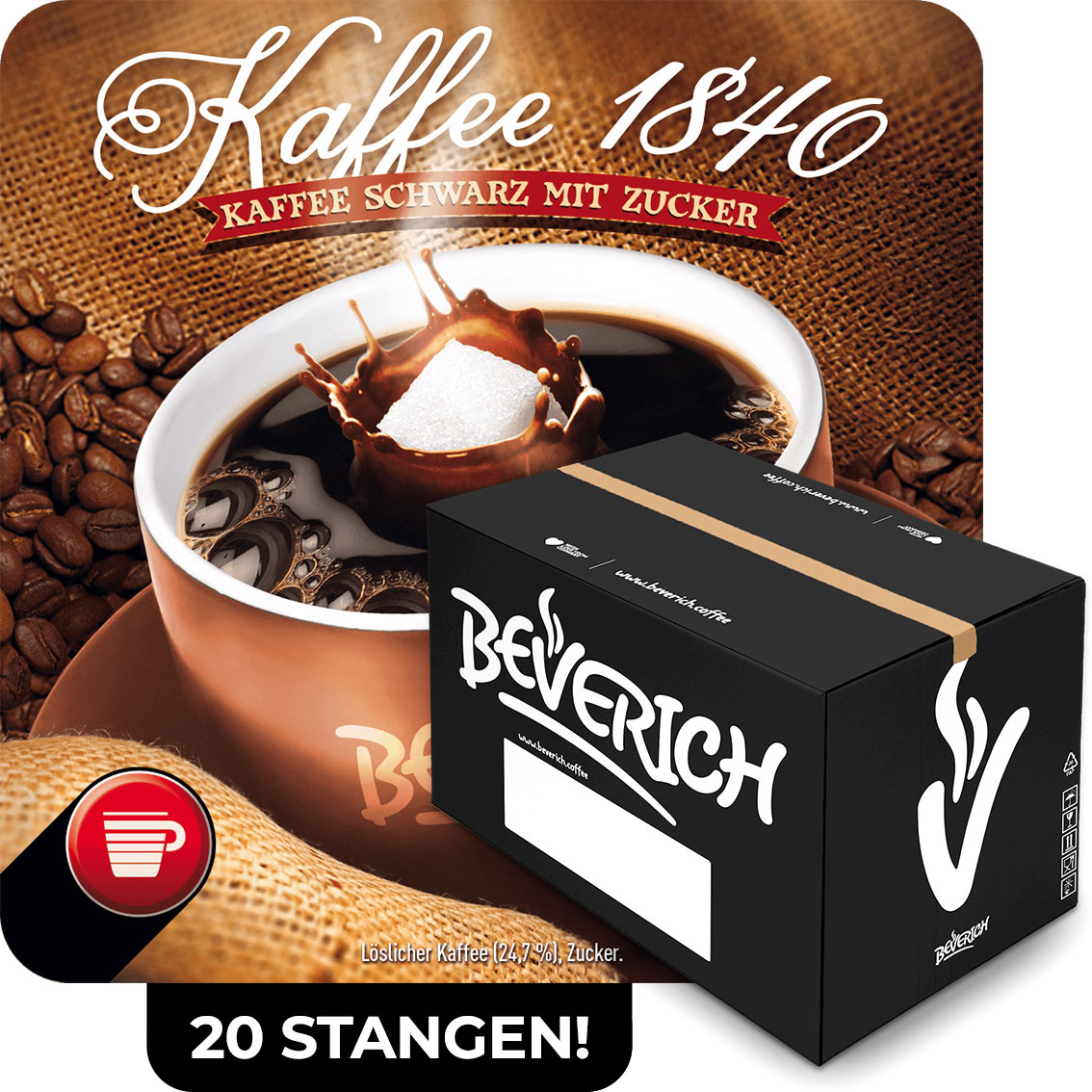 Das ist ein Karton, gefüllt mit InCup Bechern des Kaffees 1840 mit Zucker, von unserer Marke Beverich.