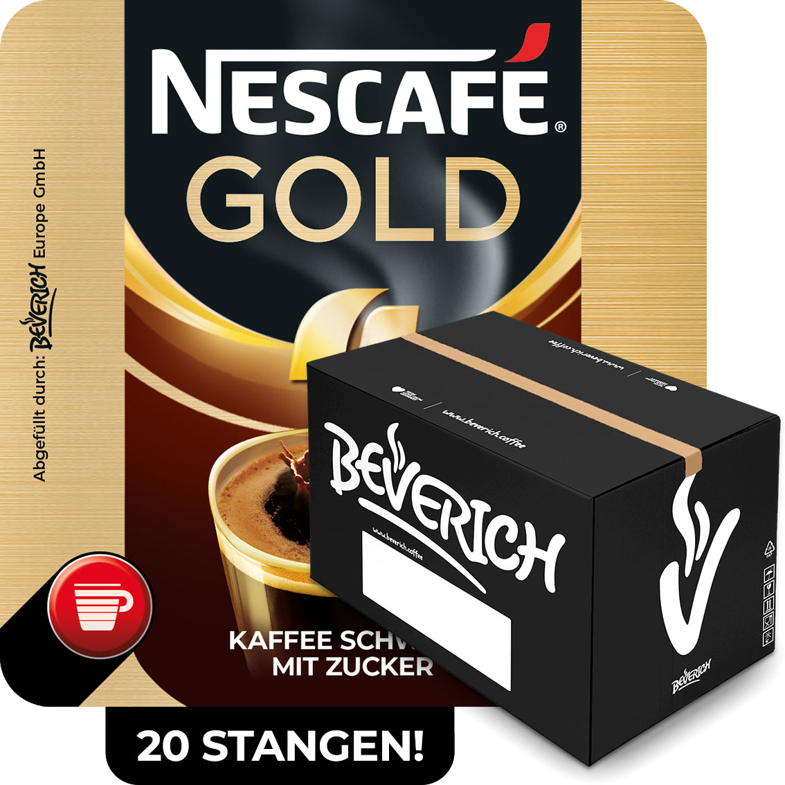 Das ist ein Karton, gefüllt mit InCup Bechern des Kaffees Nescafé Gold mit Zucker.