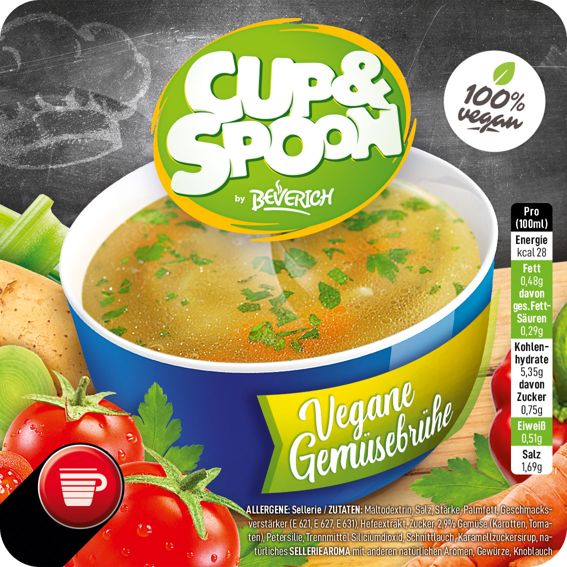 Das ist eine Schüssel, gefüllt mit der InCup Suppe Vegane Gemüsebrühe unserer Marke, Cup & Spoon.