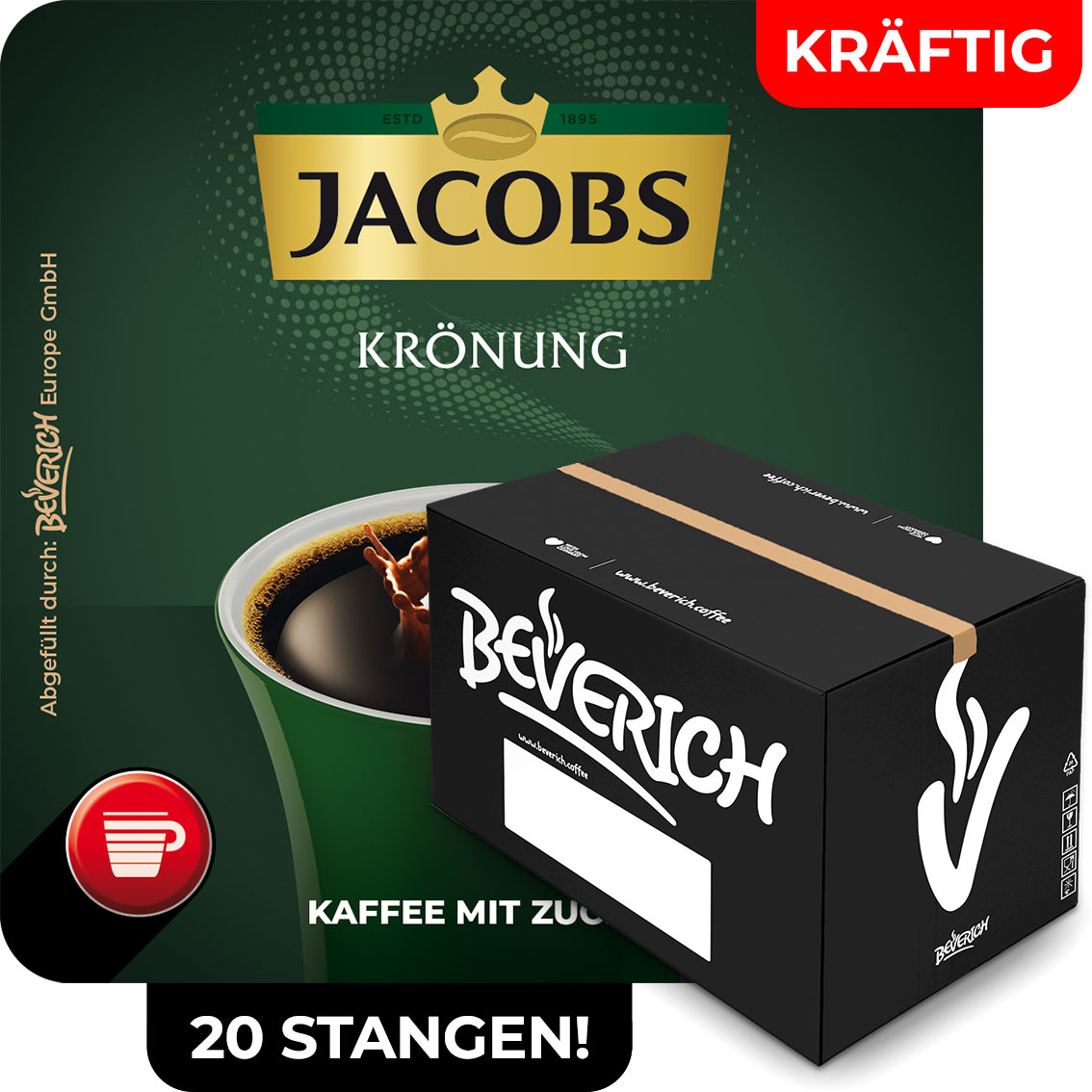 Das ist ein Karton, gefüllt mit InCup Bechern des kräftigen Kaffees Jacobs Krönung mit Zucker.