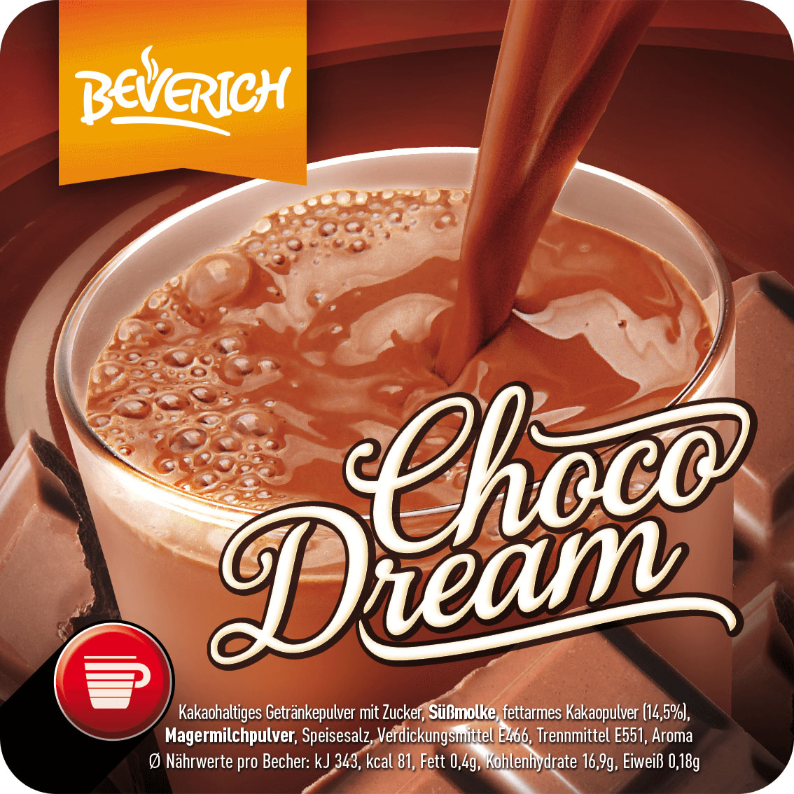 Das ist ein Glas, gefüllt mit dem InCup Kakao Choco Dream unserer Marke, Beverich.