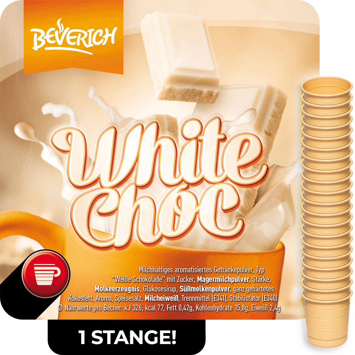 Das ist eine Stange, bestehend aus den InCup Bechern des Kakaos White Choc unserer Marke, Beverich.