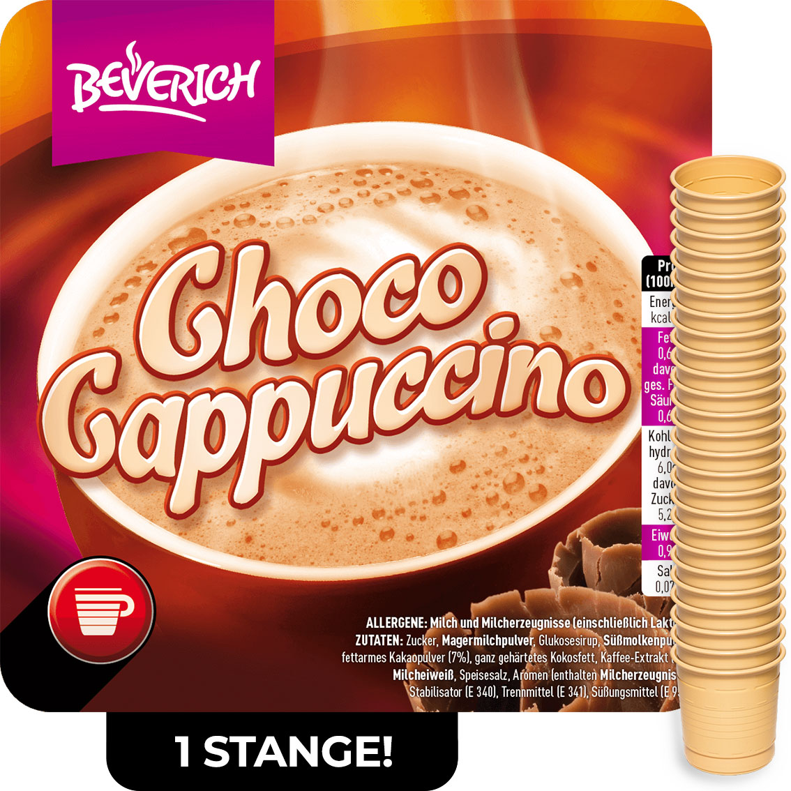 Das ist eine Stange, bestehend aus den InCup Bechern des Choco Cappuccinos unserer Marke, Beverich.