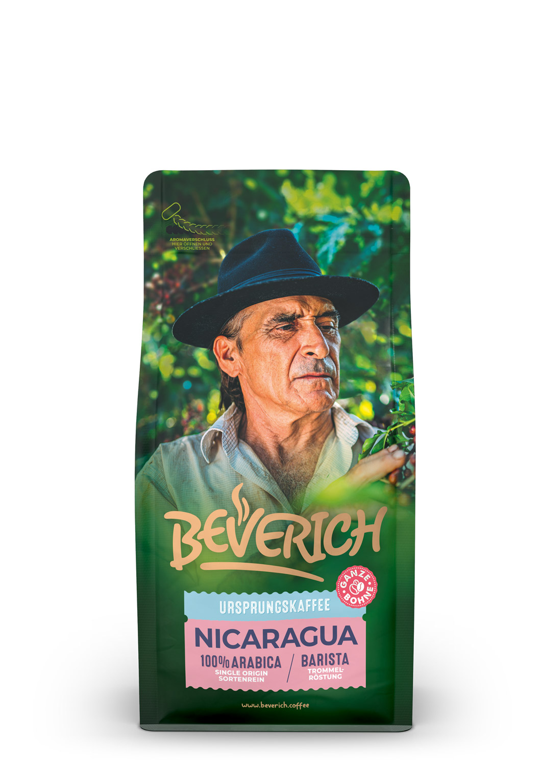 Das ist die Frontansicht einer 250 Gramm Tüte des Ursprungskaffees Nicaragua von Beverich, auf der das Logo der Firma Beverich erkennbar ist.