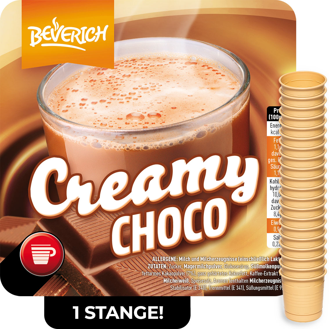 Das ist eine Stange, bestehend aus den InCup Bechern des Kakaos Creamy Choco unserer Marke, Beverich.
