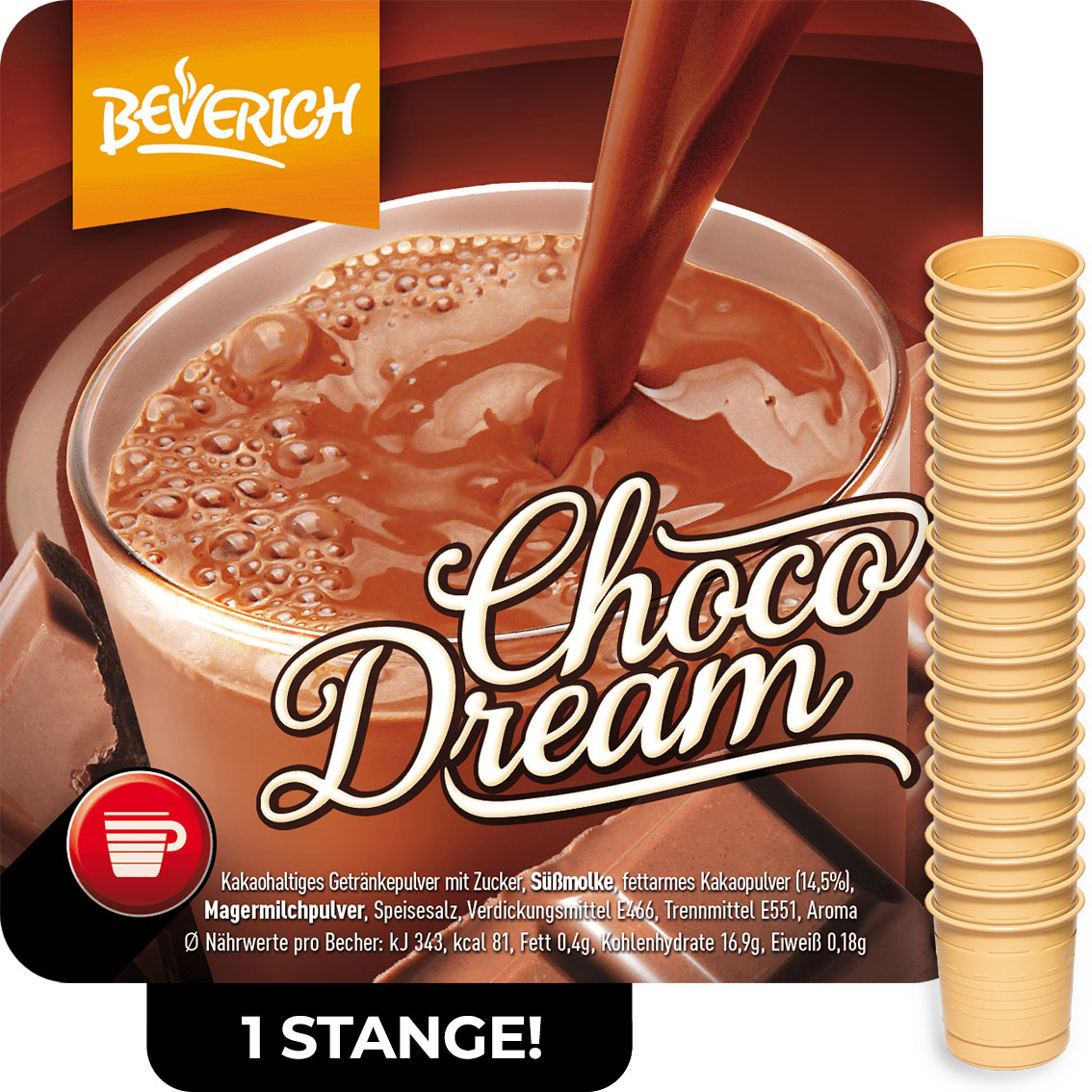Das ist eine Stange, bestehend aus den InCup Bechern des Kakaos Choco Dream unserer Marke, Beverich.