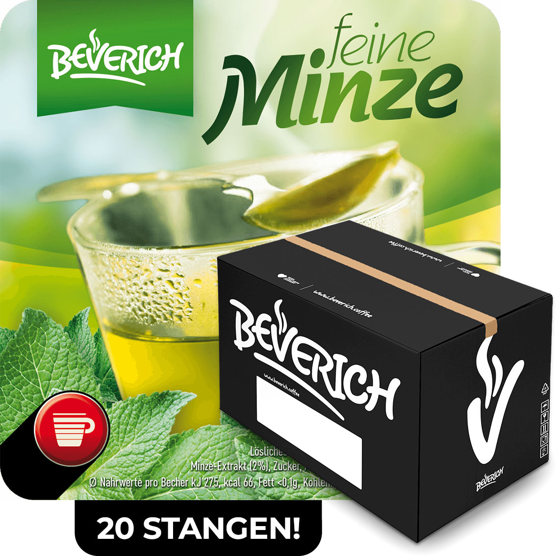 Das ist ein Karton, gefüllt mit InCup Bechern des Tees Feine Minze unserer Marke, Beverich.