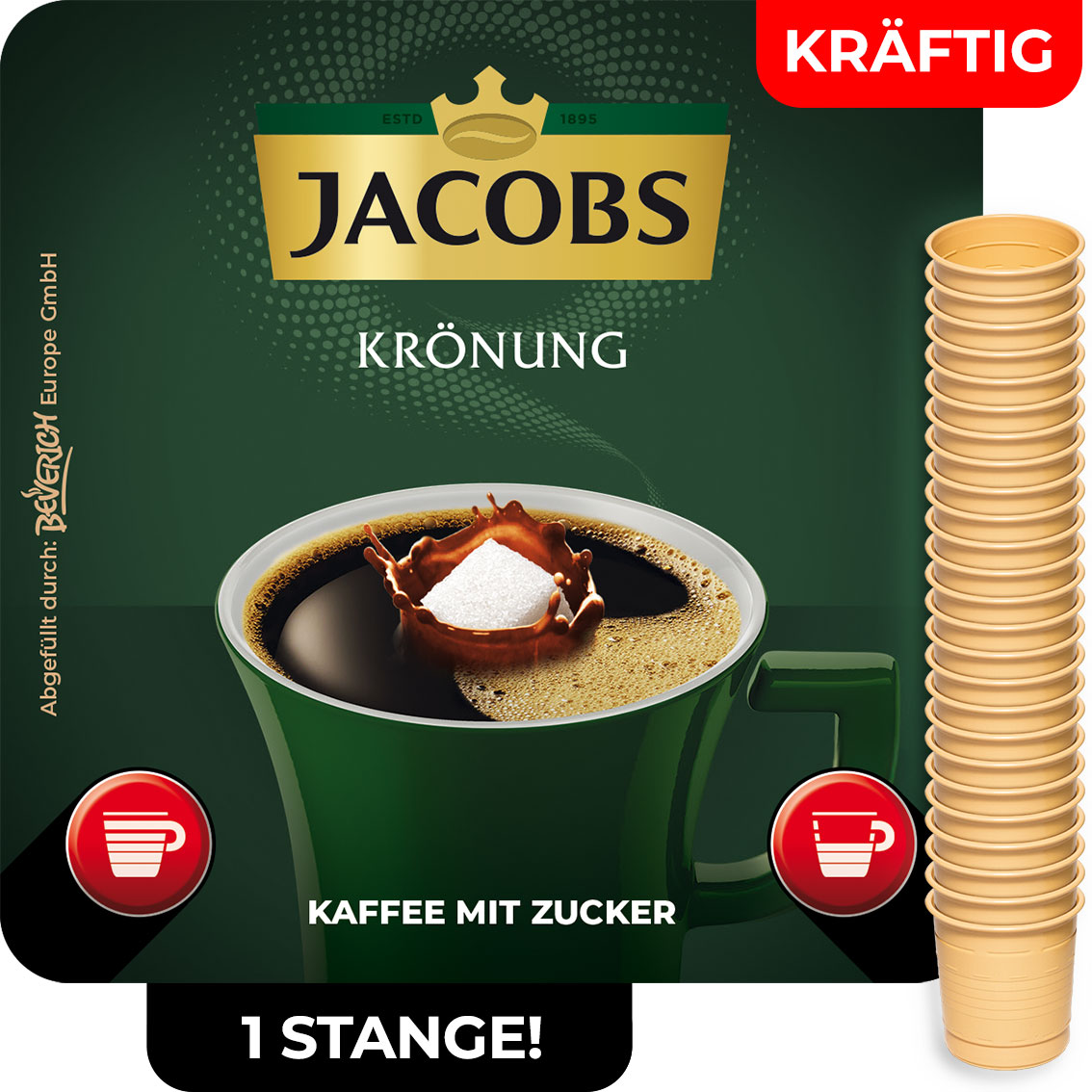 Das ist eine Stange, bestehend aus den InCup Bechern des kräftigen Kaffees Jacobs Krönung mit Zucker.