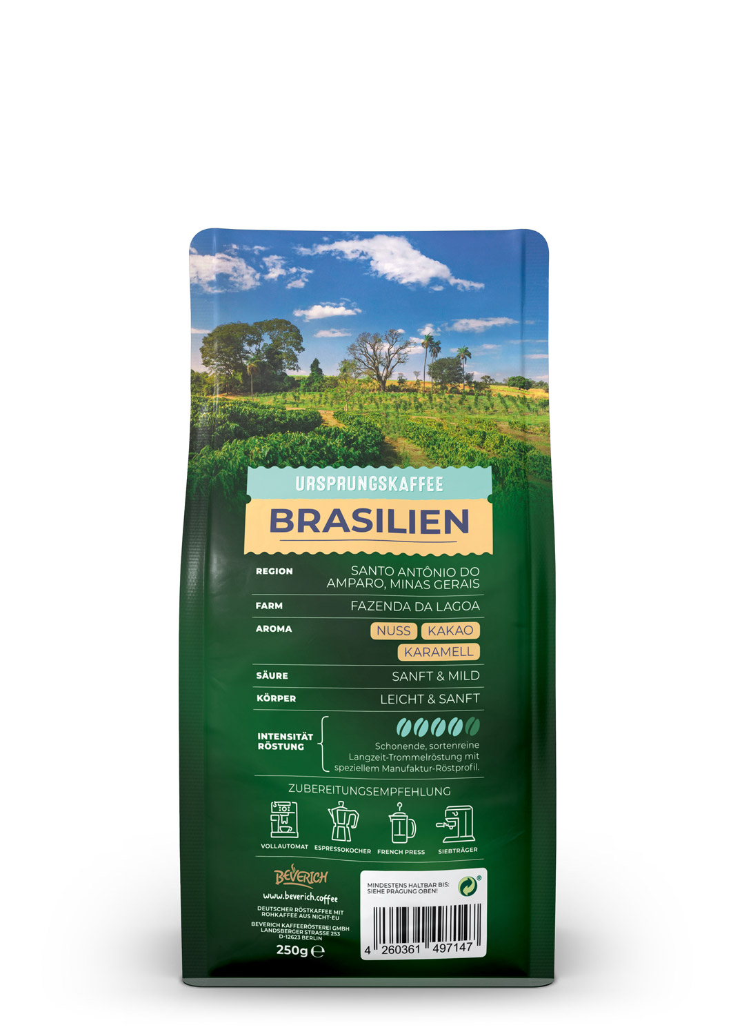 Das ist die Rückansicht einer 250 Gramm Tüte des Ursprungskaffees Brasilien von Beverich, mit Hinweisen zur Verwendung und den Zutaten des Produkts.