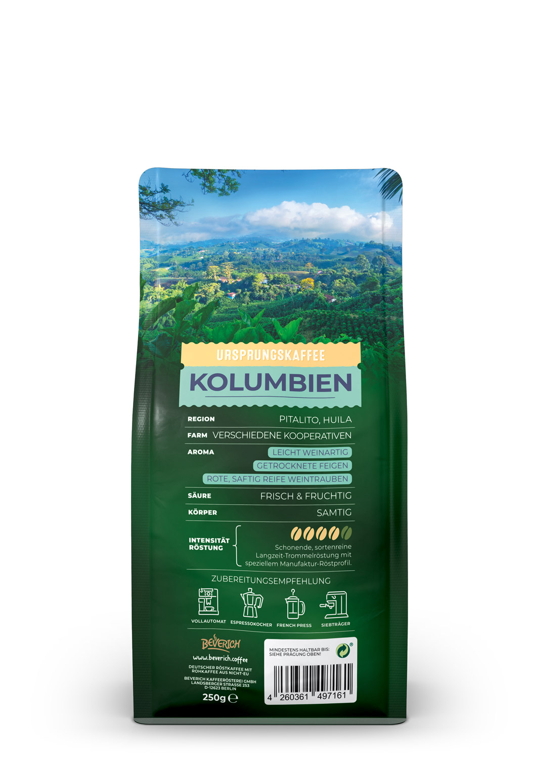 Das ist die Rückansicht einer 250 Gramm Tüte des Ursprungskaffees Kolumbien von Beverich, mit Hinweisen zur Verwendung und den Zutaten des Produkts.