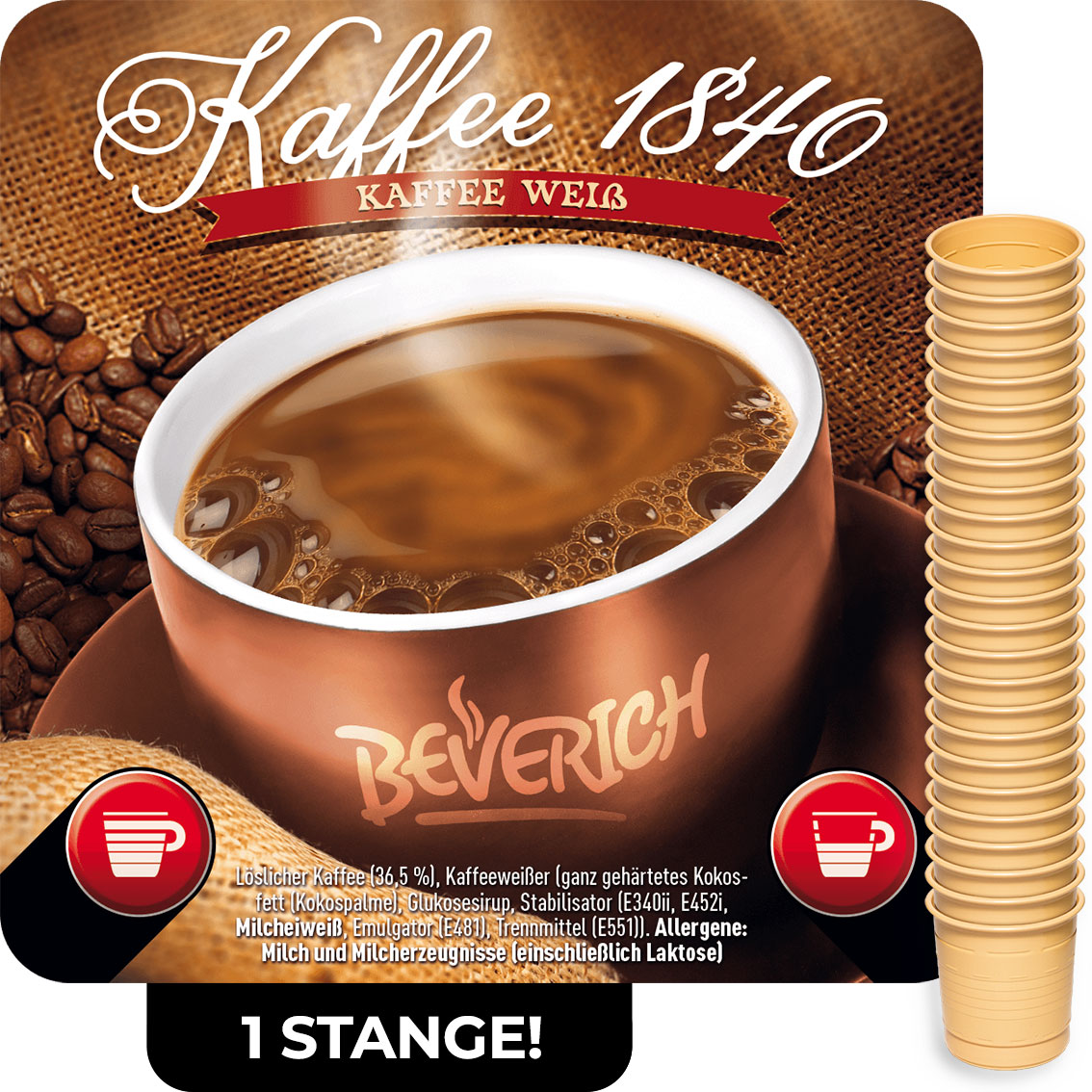 Das ist eine Stange, bestehend aus den InCup Bechern des Kaffees 1840 weiß, von unserer Marke Beverich.