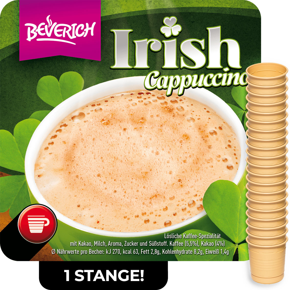 Das ist eine Stange, bestehend aus den InCup Bechern des Irish Cappuccinos unserer Marke, Beverich.