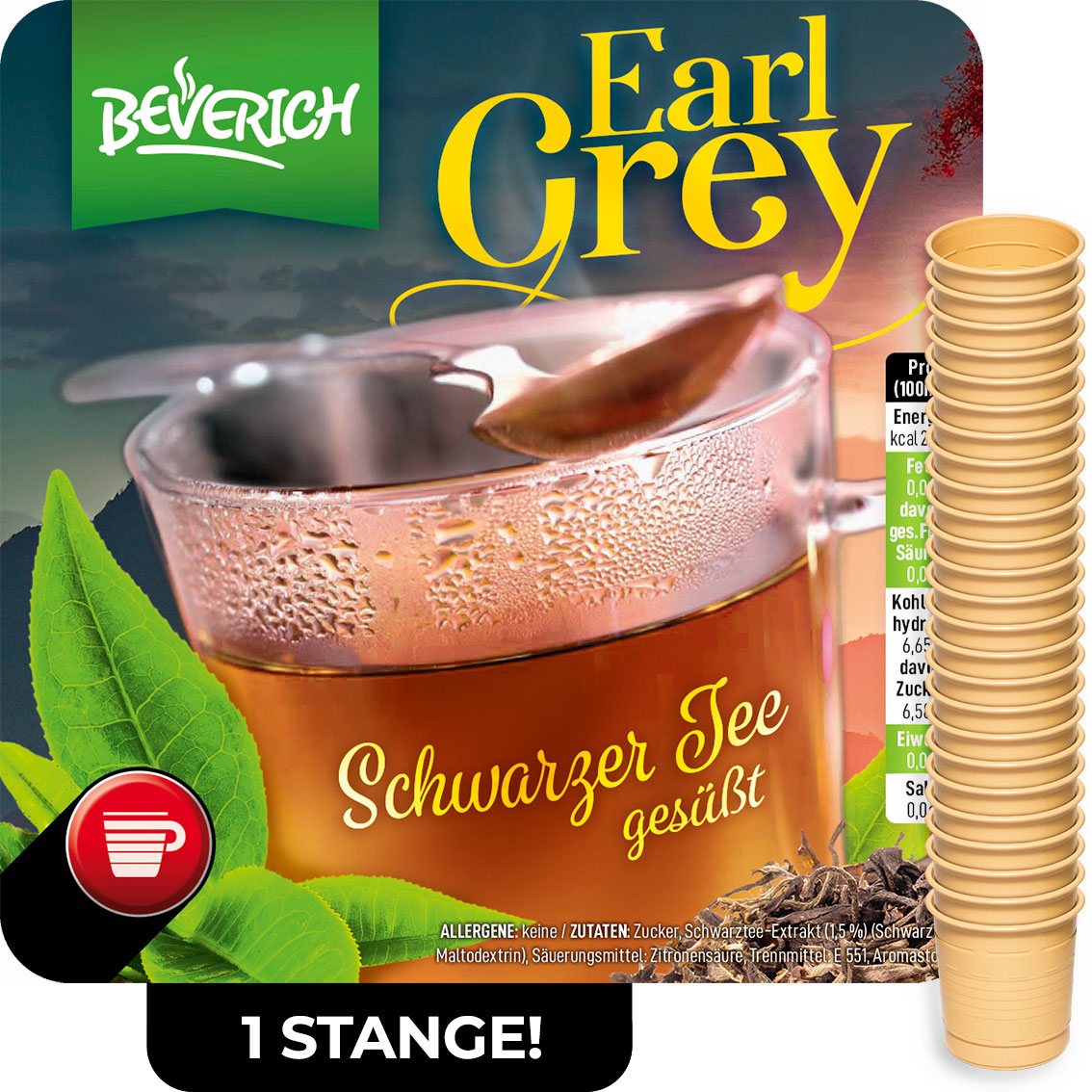 Das ist eine Stange, bestehend aus den InCup Bechern des Tees Earl Grey unserer Marke, Beverich.
