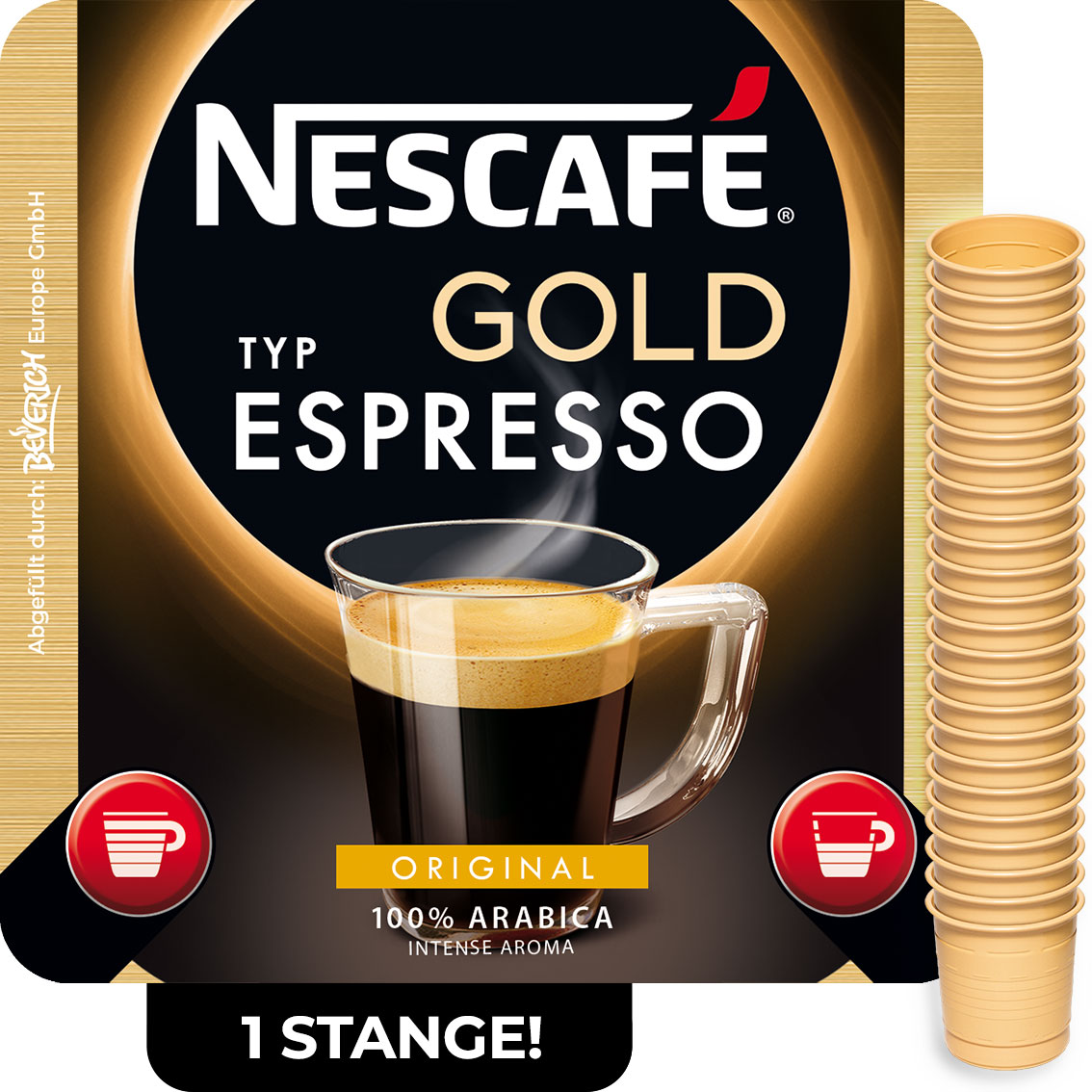 Das ist eine Stange, bestehend aus den InCup Bechern des Kaffees Nescafé Gold Typ Espresso it Zucker.