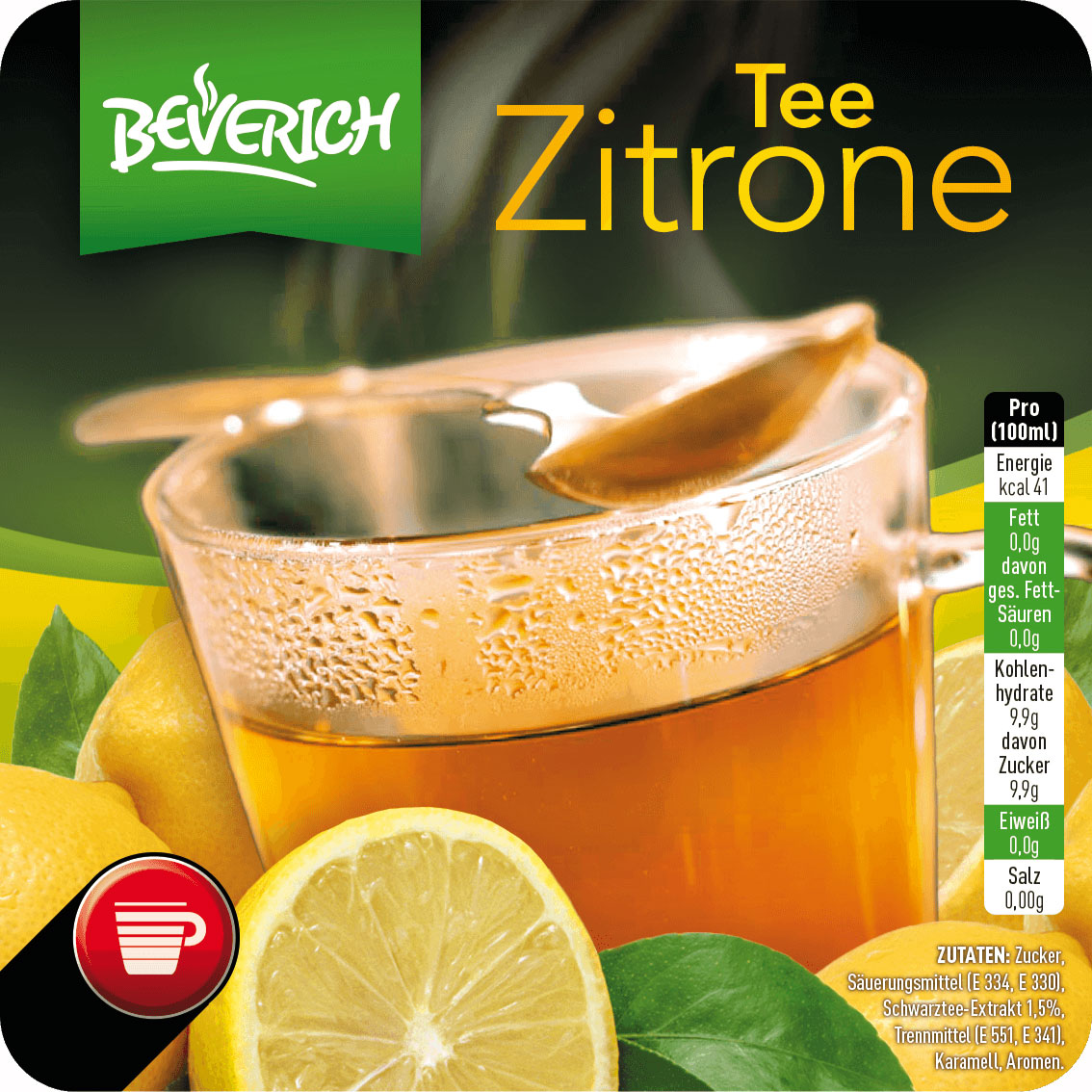 Das ist eine Tasse aus Glas, gefüllt mit dem InCup Zitronentee unserer Marke, Beverich.