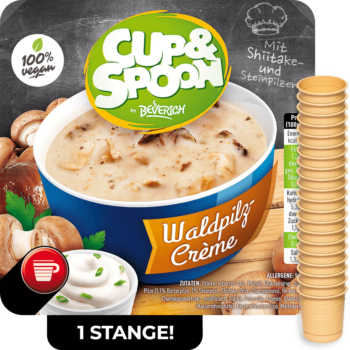 Das ist eine Stange, bestehend aus den InCup Bechern der Suppe Waldpilz-Cremè unserer Marke, Cup & Spoon.