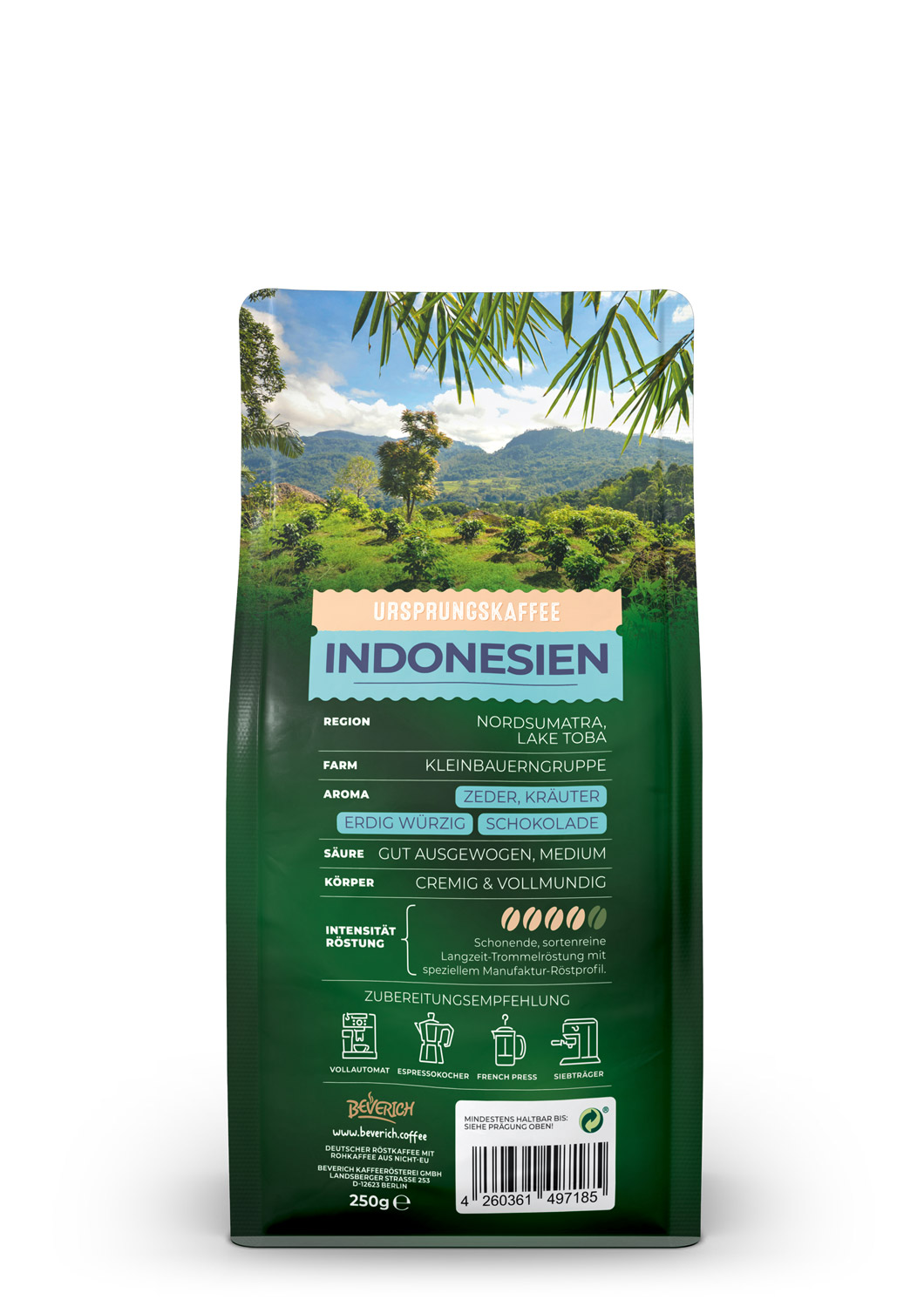 Das ist die Rückansicht einer 250 Gramm Tüte des Ursprungskaffees Indonesien von Beverich, mit Hinweisen zur Verwendung und den Zutaten des Produkts.