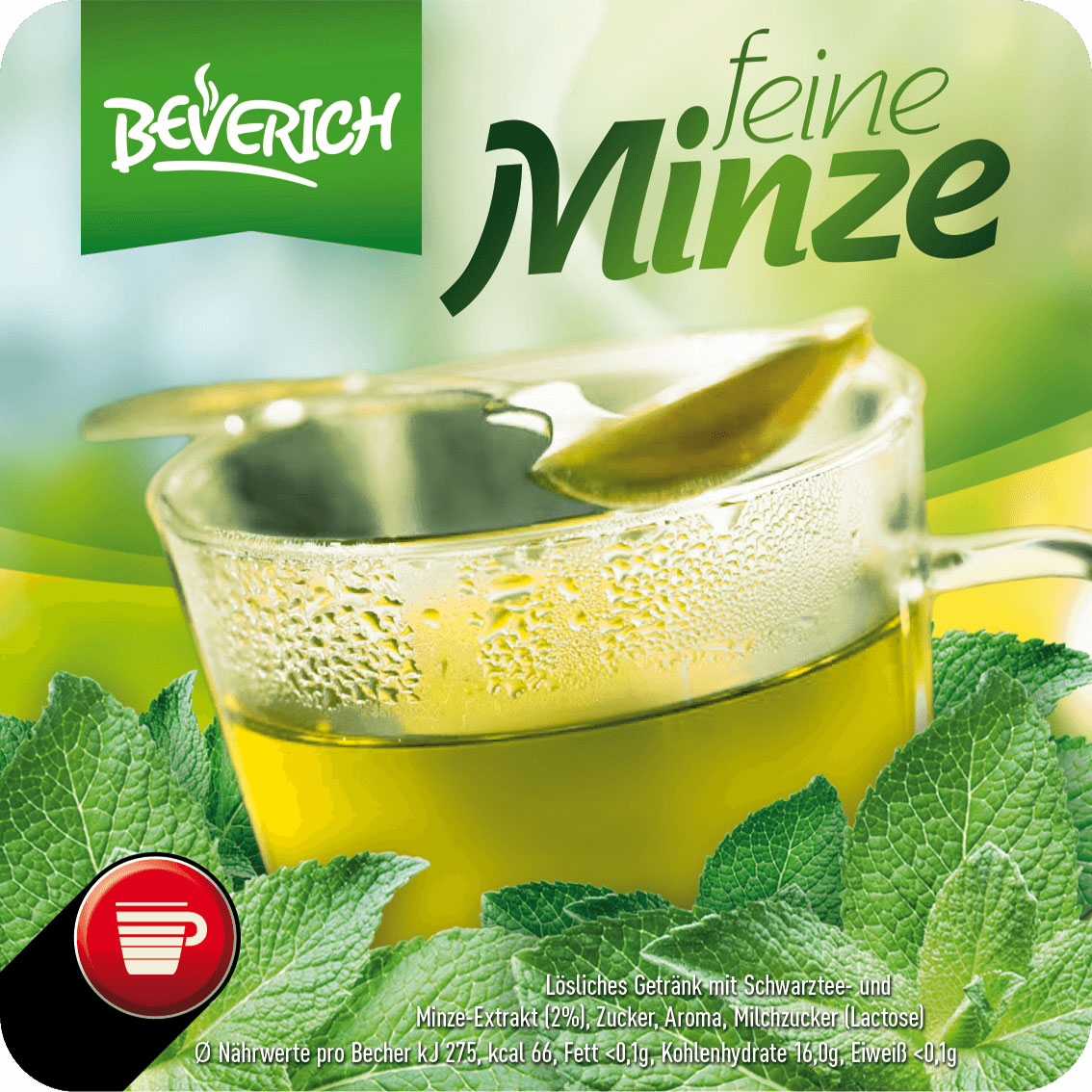 Das ist eine Tasse aus Glas, gefüllt mit dem InCup Tee Feine Minze unserer Marke, Beverich.