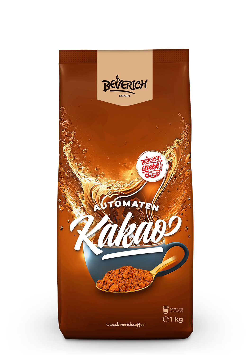 Das ist eine 1000 Gramm Tüte, gefüllt mit dem Expert Instant Füllprodukt Kakao für Automaten von Beverich.