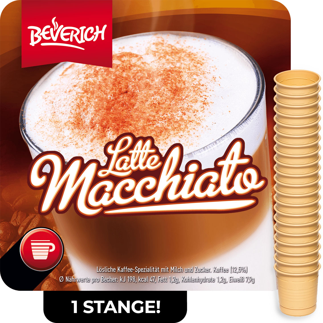 Das ist eine Stange, bestehend aus den InCup Bechern des Latte Macchiatos unserer Marke, Beverich.