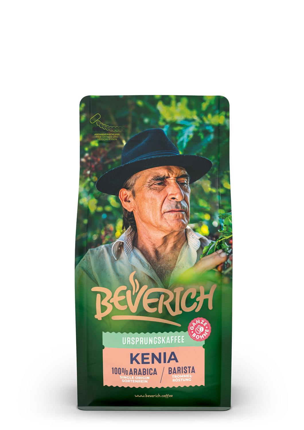 Das ist die Frontansicht einer 250 Gramm Tüte des Ursprungskaffees Kenia von Beverich, auf der das Logo der Firma Beverich erkennbar ist.