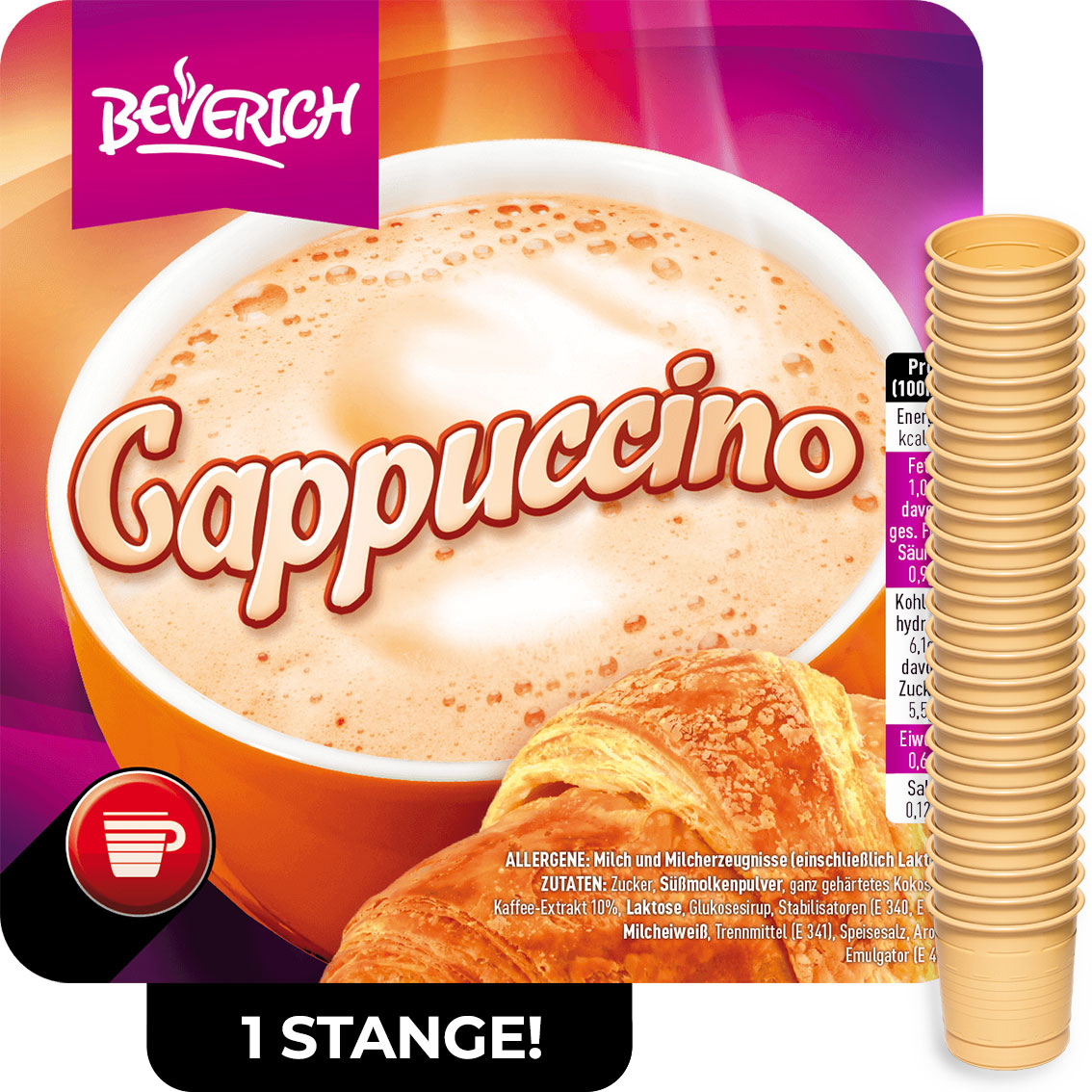 Das ist eine Stange, bestehend aus den InCup Bechern des Classic Cappuccinos unserer Marke, Beverich.
