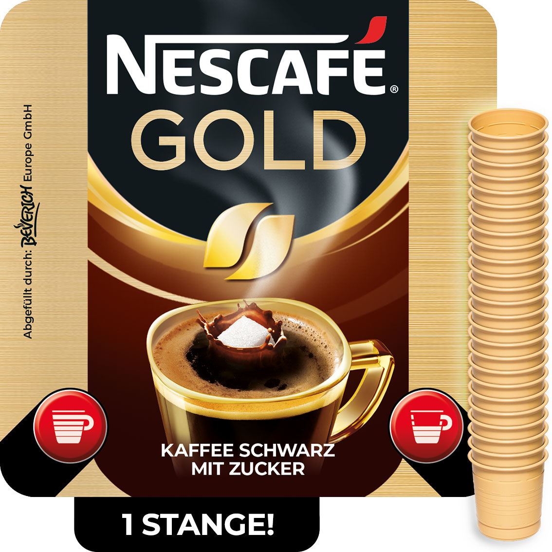Das ist eine Stange, bestehend aus den InCup Bechern des Kaffees Nescafé Gold mit Zucker.