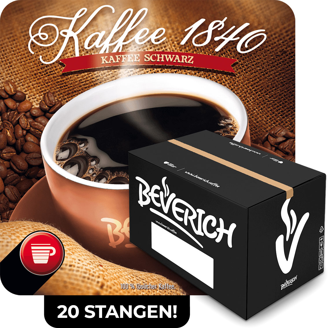 Das ist ein Karton, gefüllt mit InCup Bechern des Kaffees 1840 schwarz, von unserer Marke Beverich.