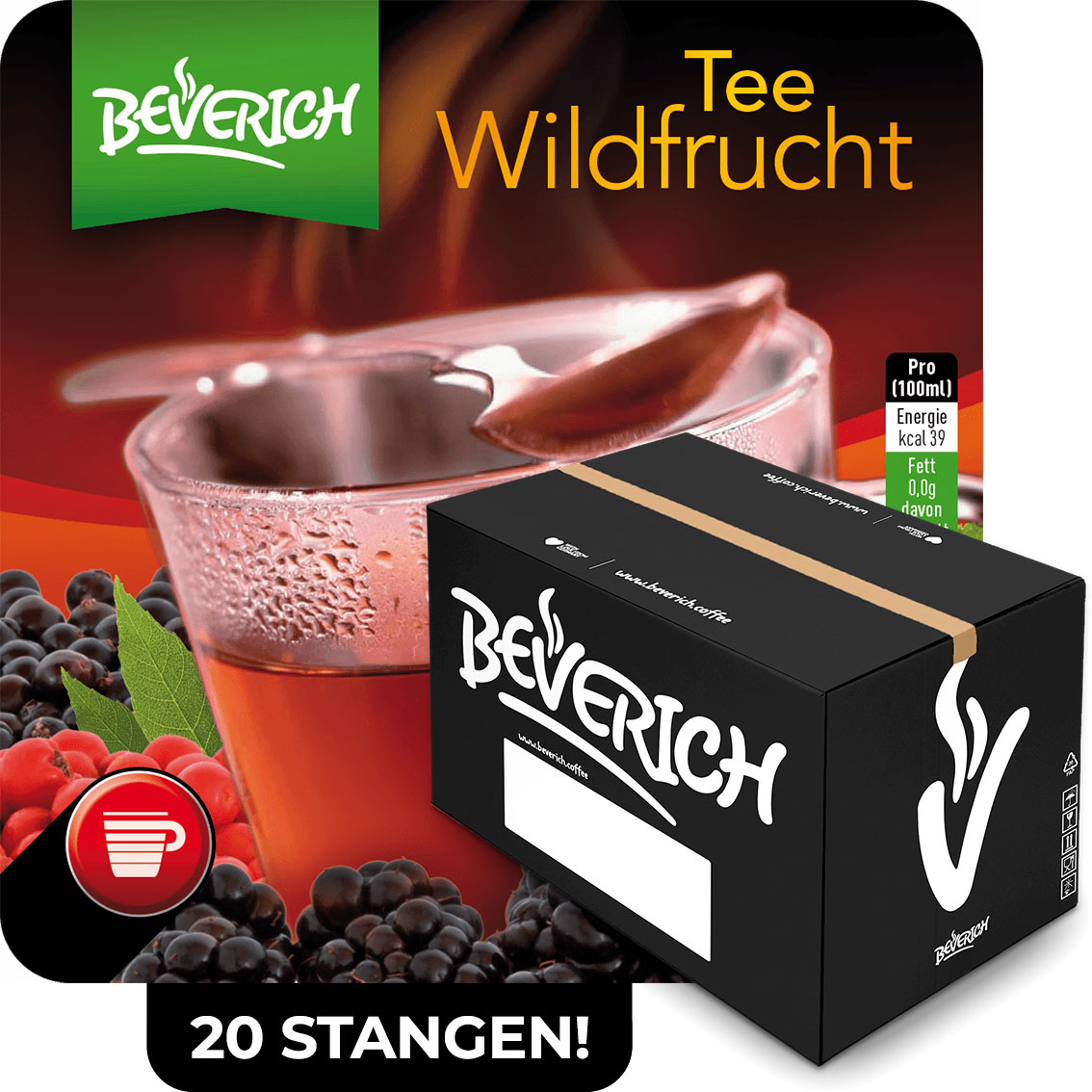 Das ist ein Karton, gefüllt mit InCup Bechern des Wildfruchttees unserer Marke, Beverich.