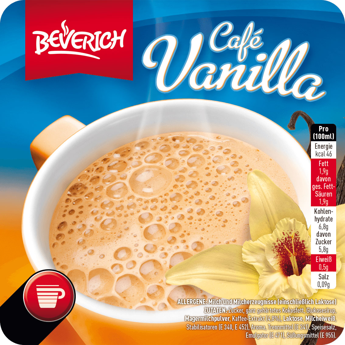 Das ist eine Tasse, gefüllt mit dem InCup Café Vanilla unserer Marke, Beverich.