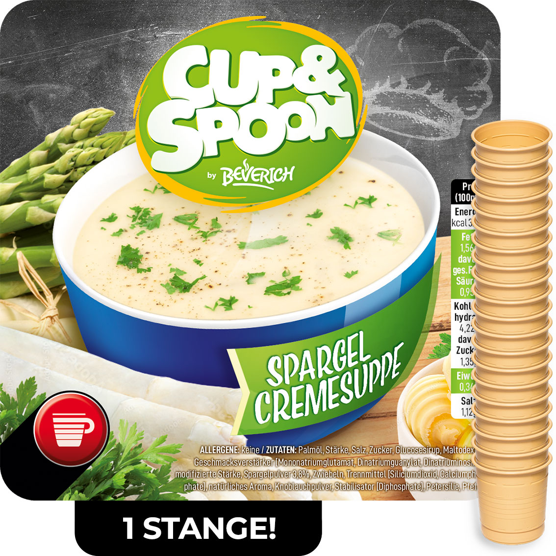Das ist eine Stange, bestehend aus den InCup Bechern der Spargelcremesuppe unserer Marke, Cup & Spoon.