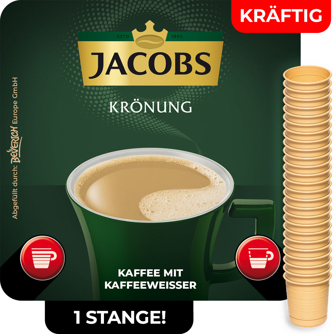 Das ist eine Stange, bestehend aus den InCup Bechern des kräftigen Kaffees Jacobs Krönung weiß.