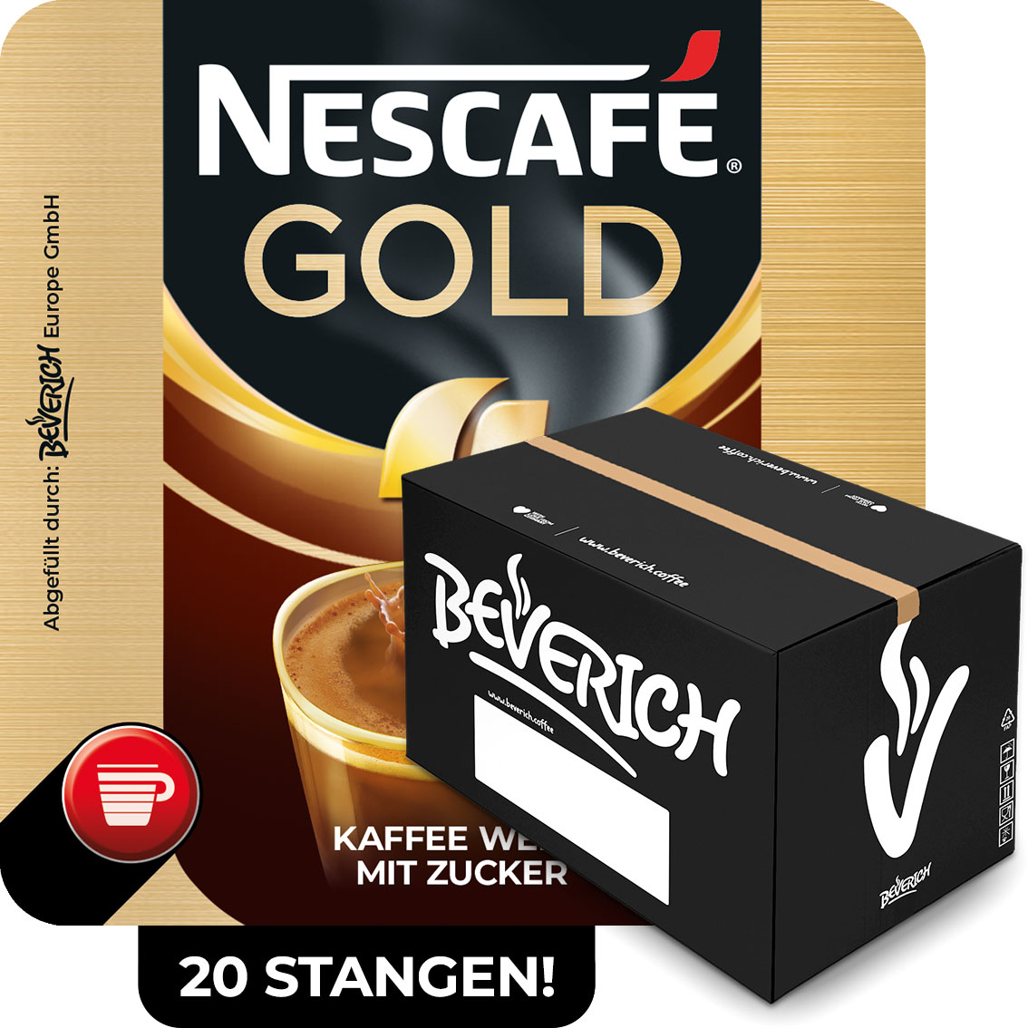 Das ist ein Karton, gefüllt mit InCup Bechern des Kaffees Nescafé Gold weiß mit Zucker.