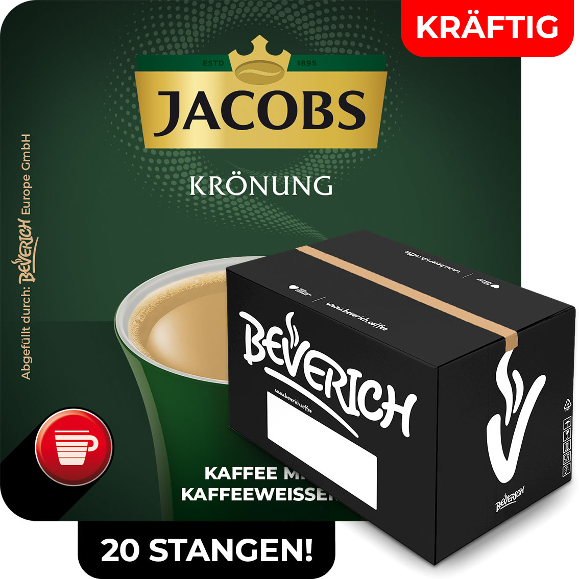 Das ist ein Karton, gefüllt mit InCup Bechern des kräftigen Kaffees Jacobs Krönung weiß.