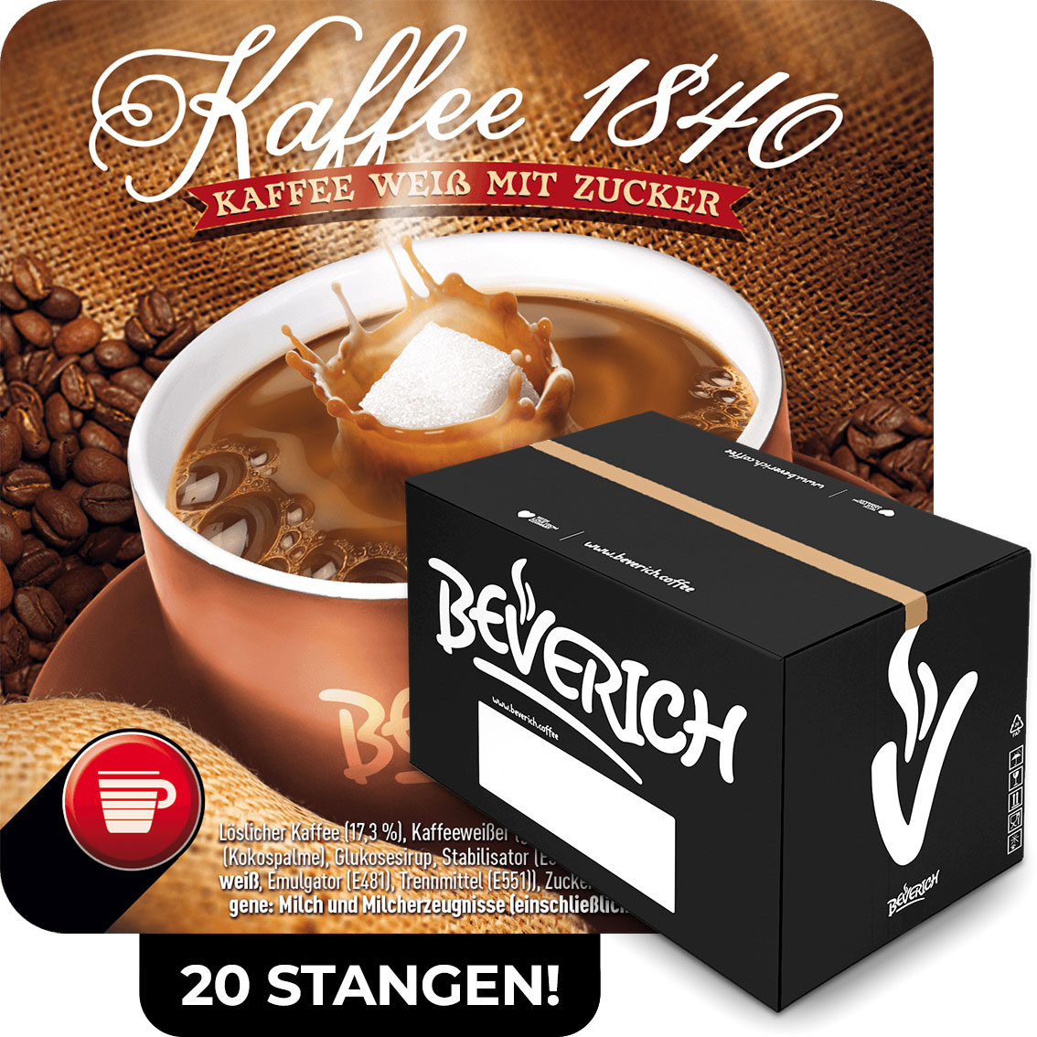 Das ist ein Karton, gefüllt mit InCup Bechern des Kaffees 1840 weiß mit Zucker, von unserer Marke Beverich.