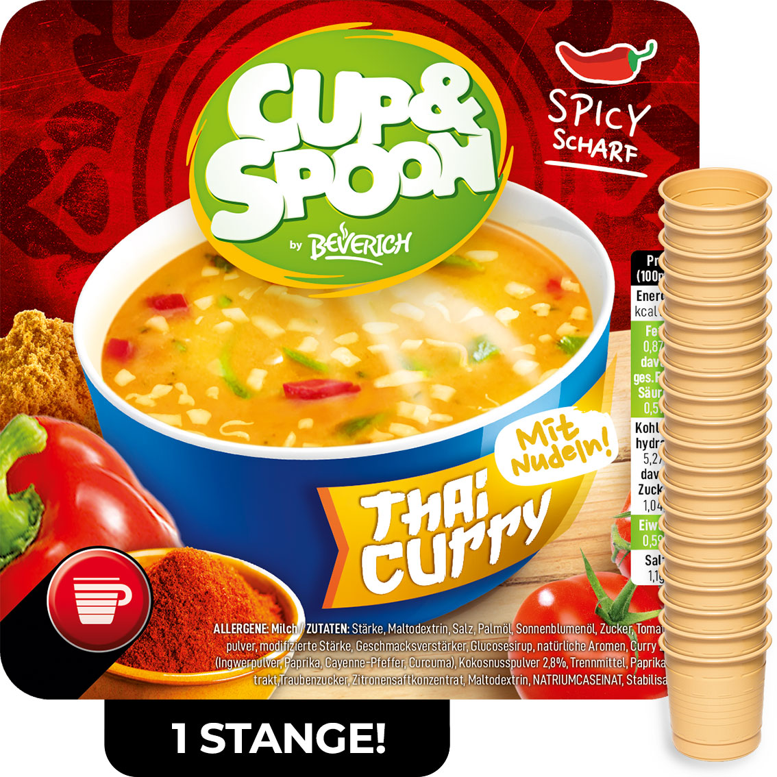 Das ist eine Stange, bestehend aus den InCup Bechern der scharfen Suppe Thai Curry unserer Marke, Cup & Spoon.