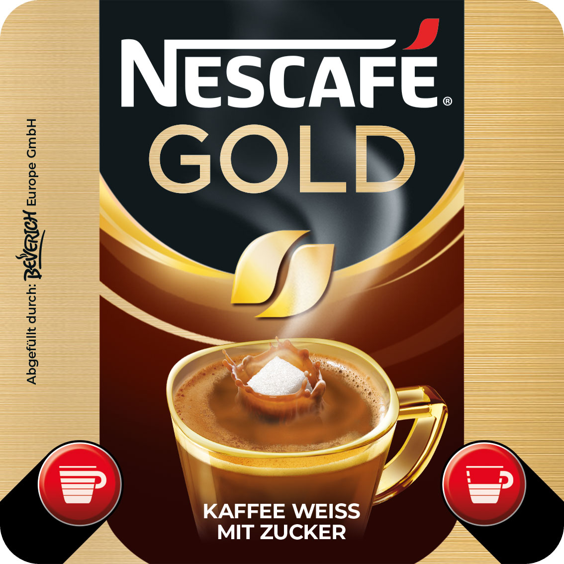 Das ist eine Tasse, gefüllt mit dem InCup Kaffee Nescafé Gold weiß mit Zucker.