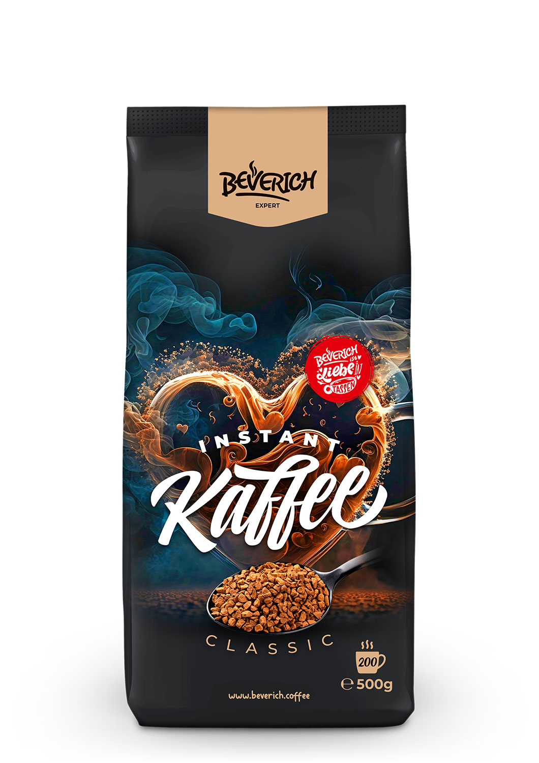 Das ist eine 500 Gramm Tüte, gefüllt mit dem Expert Instant Füllprodukt Kaffee Classic von Beverich.