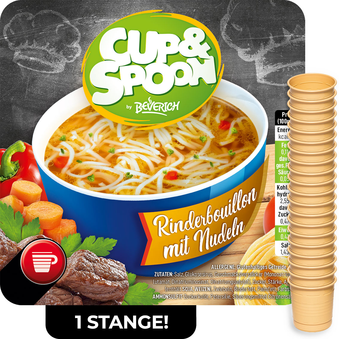 Das ist eine Stange, bestehend aus den InCup Bechern der Suppe Rinderbouillon mit Nudeln unserer Marke, Cup & Spoon.
