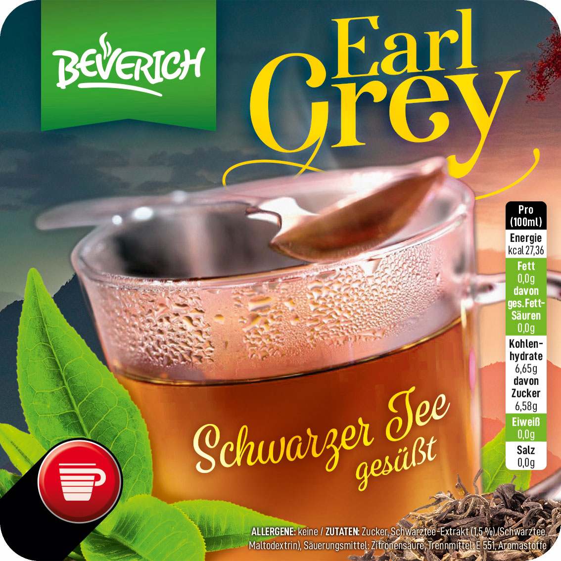 Das ist eine Tasse aus Glas, gefüllt mit dem InCup Tee Earl Grey unserer Marke, Beverich.