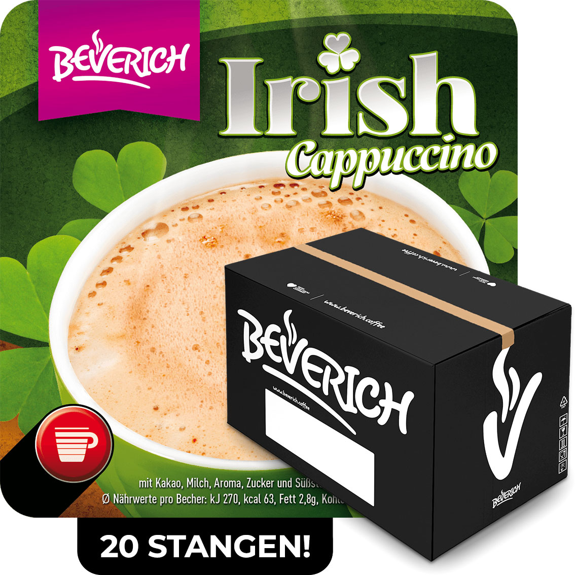 Das ist ein Karton, gefüllt mit InCup Bechern des Irish Cappuccinos unserer Marke, Beverich