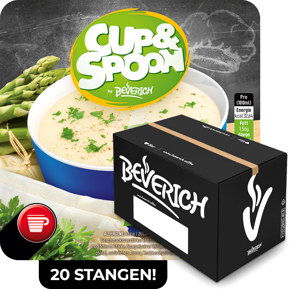Das ist ein Karton, gefüllt mit InCup Bechern der Spargelcremesuppe unserer Marke, Cup & Spoon.