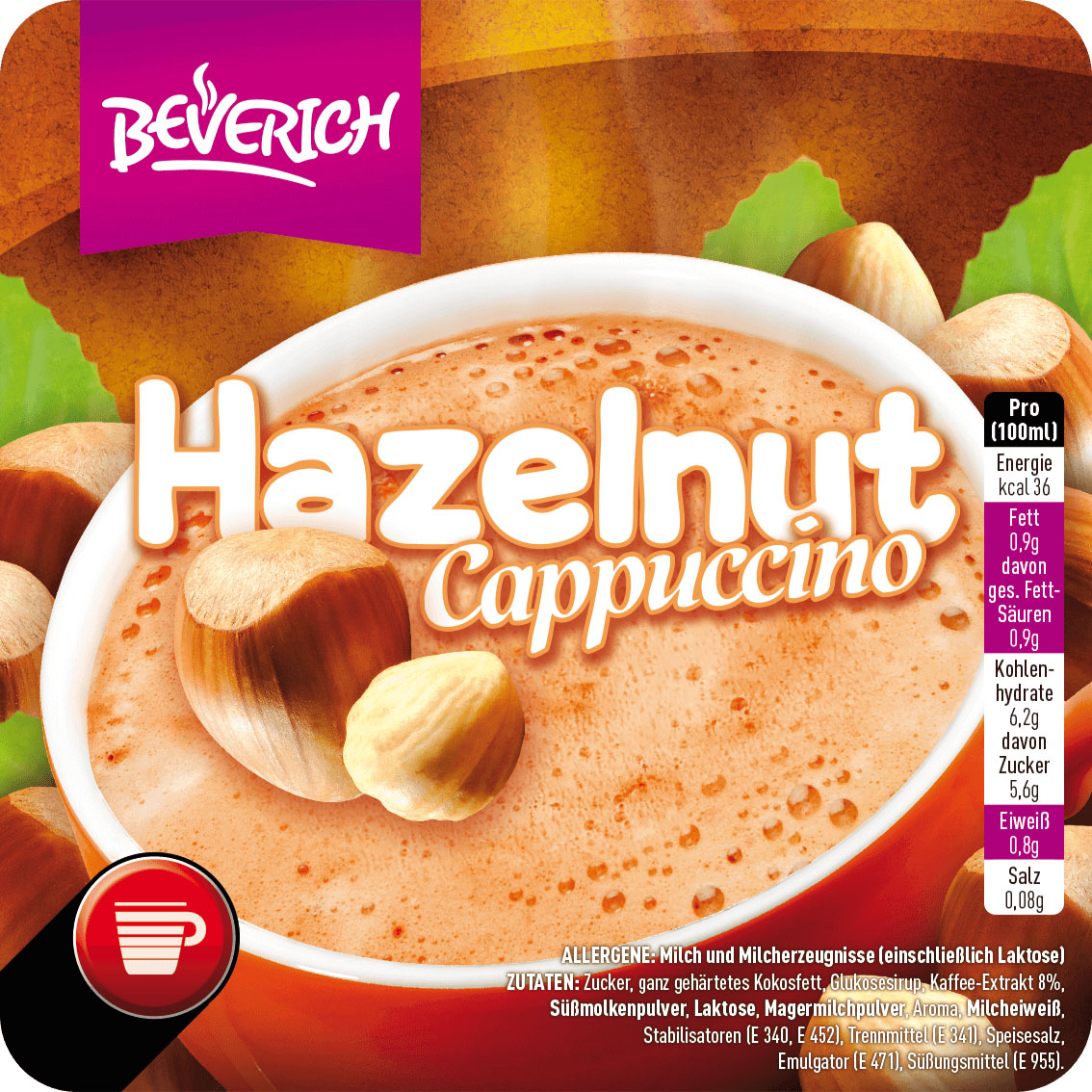 Das ist eine Tasse, gefüllt mit dem InCup Haselnuss Cappuccino unserer Marke, Beverich.