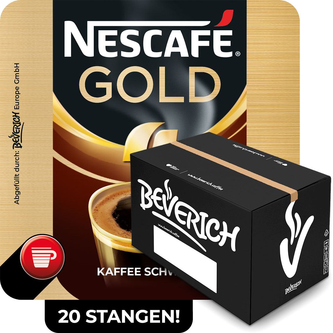 Das ist ein Karton, gefüllt mit InCup Bechern des Kaffees Nescafé Gold schwarz.