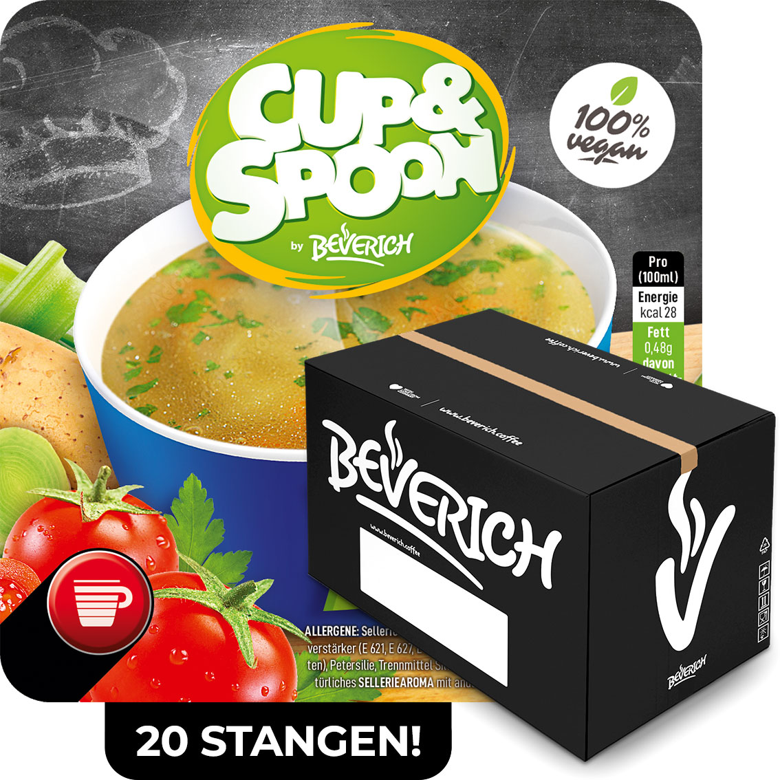 Das ist ein Karton, gefüllt mit InCup Bechern der Suppe Vegane Gemüsebrühe unserer Marke, Cup & Spoon.